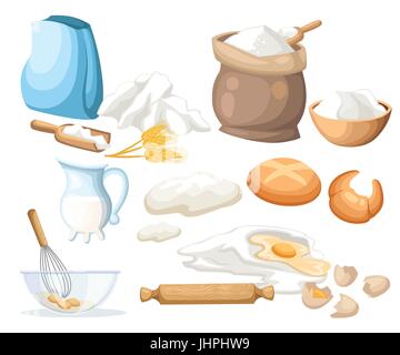 Cooking vector illustration. Kitchen utensils. Food sugar salt flour starch oil butter baking soda baking powde, vinegar eggs Web site page and mobile Stock Vector