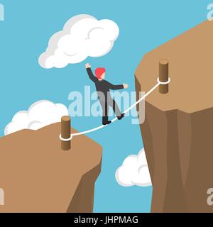 Flat 3d Isometric Businessman Walking and Balancing on Rope Between Cliff Gap, Business Risk and Challenge Concept Stock Vector