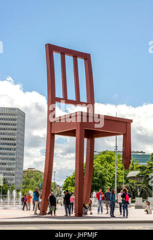 The Broken Chair by Daniel Berset, Memorial to the victims of landmines, Geneva, Switzerland Stock Photo