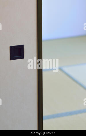 Japanese tradition house interiors with plywood partition & Tatami floor mats in vertical frame Stock Photo