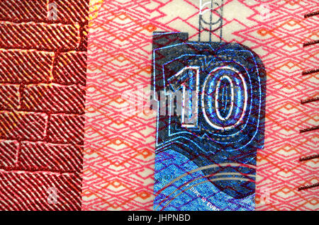 €10 banknote detail showing anti-forgery security features - new 'Europa' series, hologram Stock Photo