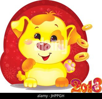 Cute Symbol of Chinese Horoscope - Yellow Dog with Golden Coins for the New Year 2018 Stock Vector