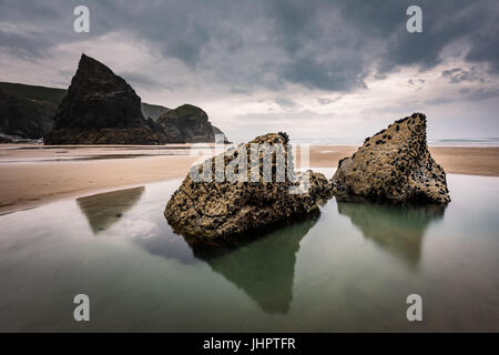 Bedruthan Steps at low tide in Cornwall UK Stock Photo