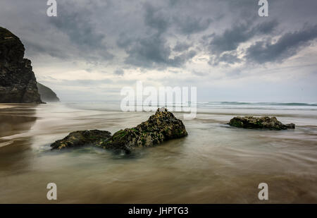 Bedruthan Steps at low tide in Cornwall UK Stock Photo