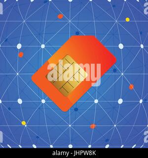 Red Orange Sim Mobile Phone Card Over Blue Network Background Stock Vector