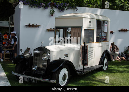 White Rolls Royce at the Chelsie flower show shop eating ice cream van white emblem front food sell sales outside bar drink sell selling types Stock Photo