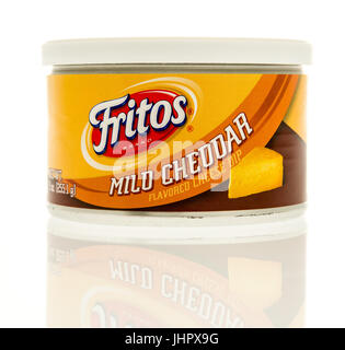 Winneconne, WI - 15 July 2017: A can fo Fritos brand mild cheddar cheese dip on an isolated background. Stock Photo