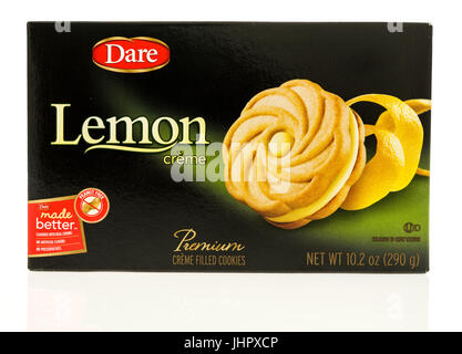 Winneconne, WI - 15 July 2017: A box of Dare lemon creme filled cookies on an isolated background. Stock Photo