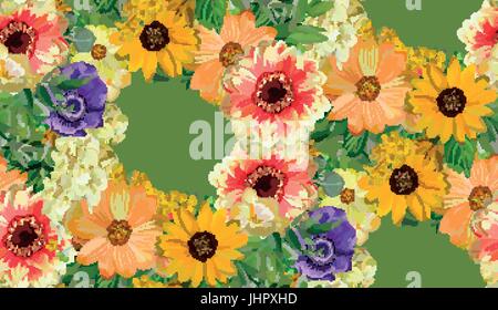 Seamless Vector floral pattern yellow Sunflowers flower  on green herb mix background. Wrapping paper, textile fabric texture wallpaper. Summer autumn Stock Vector