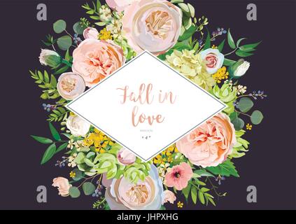Vector floral design card design. Rose eucalyptus, cactus pink flower garden, poppy berry, green fern seasonal leaves mix. Greeting invitation wedding Stock Vector