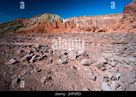 Rainbow Valley in the Atacama Desert in Chile. The mineral rich rocks of the Domeyko mountains give the valley the varied colors from red to green. Stock Photo