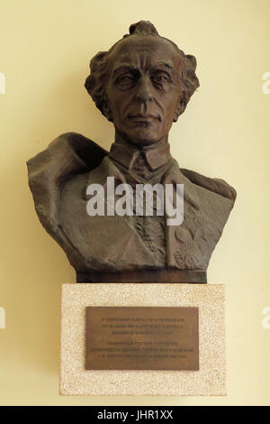 Bronze bust of Russian military commander Alexander Suvorov placed in the courtyard of the house where he stayed from December 1799 to January 1800 in Národní Avenue in Nové Město (New Town) in Prague, Czech Republic. Text in Czech and Russian means: Famous Russian military leader Alexander Vasilyevich Suvorov lived in this house from 20 December 1799 to 28 January 1800. The bust designed by Czech sculptor Lubomír Boček was unveiled in 1947 on the main facade of the house and moved to the courtyard in 2002. Stock Photo