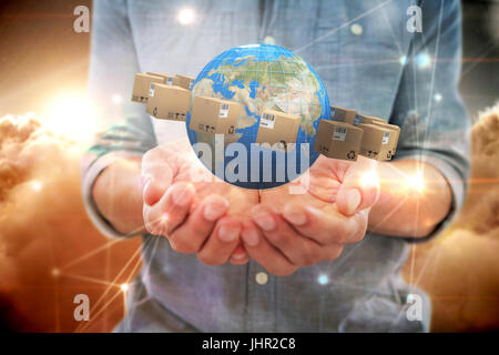 Man holding invisible object  against glowing dots with connecting lines over clouds Stock Photo