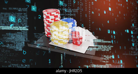 Virus background against playing cards with stack of casino tokens and dice on smartphone Stock Photo