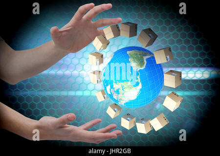 Hands gesturing against white background against black background with shiny hexagons Stock Photo