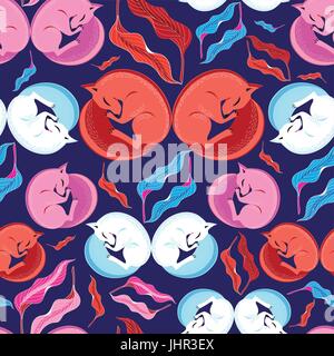Seamless bright pattern with the Fox and leaves on a blue background Stock Vector