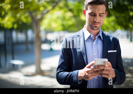 Businessman using mobile phone in park on a sunny day Stock Photo