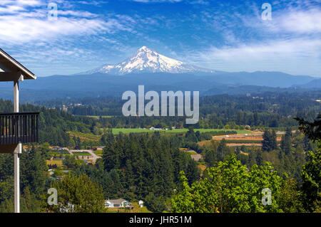 Mount Hood view from home backyard deck in Clackamas County Oregon Stock Photo