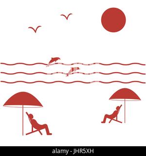 Nice picture on holiday by the sea: the sun, seagulls, dolphins, waves, people in beach chairs under umbrellas on a white background Stock Vector