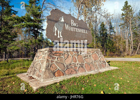 Stone sign of Big Whiteshell camping and picnic area, Whiteshell Provincial Park, Manitoba, Canada Stock Photo