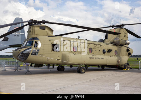 BERLIN - JUN 2, 2016: US Army Boeing CH-47F Chinook transport helicopter on static display at the Berlin ILA Airshow. Stock Photo
