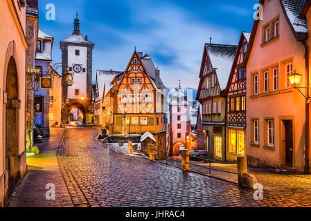 Medieval town of Rothenburg ob der Tauber at night, Germany Stock Photo