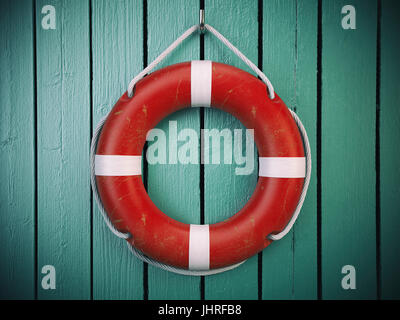 Life belt or rescue ring  on wooden wall. Salvation, protection and security concept. 3d illustration Stock Photo