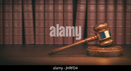 Gavel on the background of vintage lawyer books. Concept of law and justice. 3d illustration Stock Photo