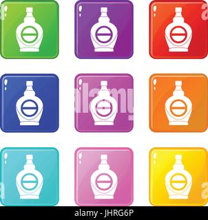 Maple syrup in glass bottle icons 9 set Stock Vector