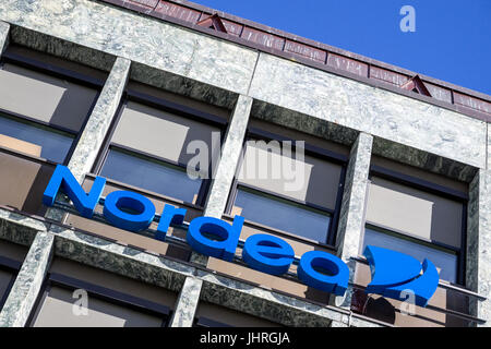 Nordea sign at branch. Nordea Bank AB is a Nordic financial services group operating in Northern Europe. Stock Photo