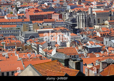 View from Lisbon Castle over tile rooftops Chiado neighborhood Lisbon Portugal Stock Photo