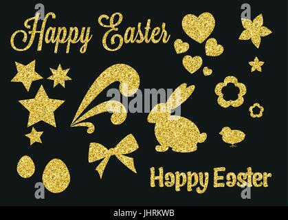 Set of golden glitter easter decorative design elements Stock Vector