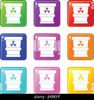 Trashcan containing radioactive waste icons 9 set Stock Vector