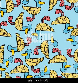 Duck cartoon pattern. Drake drawing ornament. Bird background Stock Vector