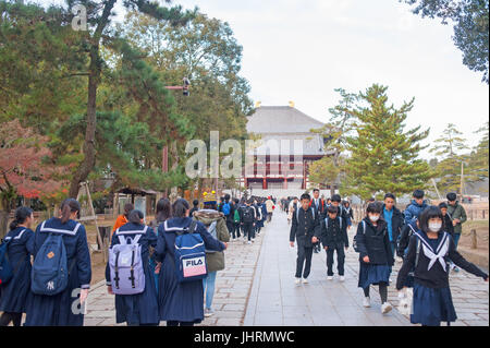 Students feeding deers next to Todaiji temple in Nara, Japan Stock Photo