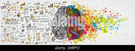 Left and right human brain with social infographic on logical side. Creative half and logic half of human mind. Vector illustration aboud social communication and business work Stock Vector