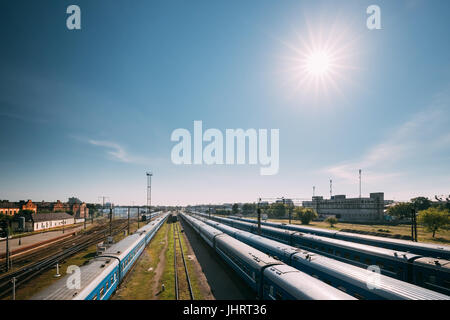 Brest, Belarus. Rows Of Older Railway Carriages On Brest Railway Station, Brest Central, Brest-Tsentralny Railway Station. Stock Photo