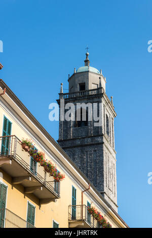 Campanile or bell tower San Giacomo church historic centre Bellagio Lake Como Lombardy Italy Stock Photo