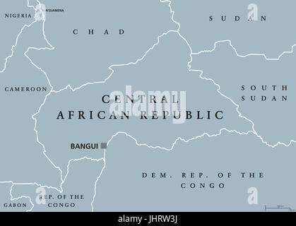 Central African Republic political map with capital Bangui and international borders. Landlocked country in Central Africa. Gray illustration. Stock Photo