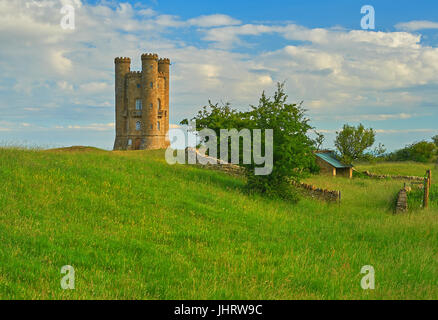 Broadway Tower is a stone castle tower standing on the top of Fish Hill, the second highest point in the Cotswolds, England Stock Photo