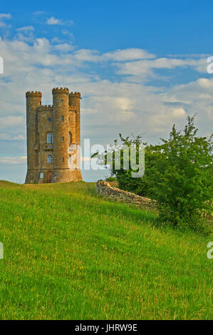 Broadway Tower is a stone castle tower standing on the top of Fish Hill, the second highest point in the Cotswolds, England Stock Photo