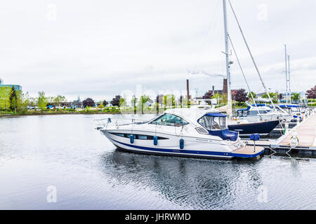 Quebec City, Canada - May 30, 2017: Old Port area with Bassin Louise and view of boat on water Stock Photo