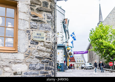 Quebec City, Canada - May 30, 2017: Lower old town street with closeup of Rue Cul-De-Sac sign Stock Photo
