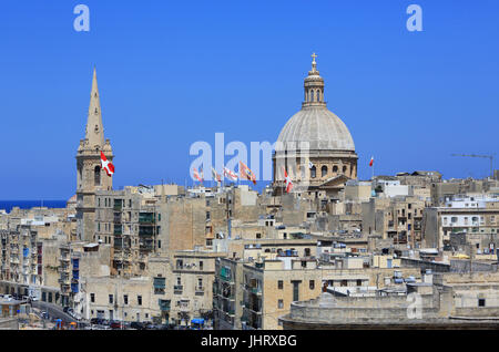 The Carmelite Basilica dome and spire of St Paul's Pro-Cathedral, in Valletta, Malta Stock Photo