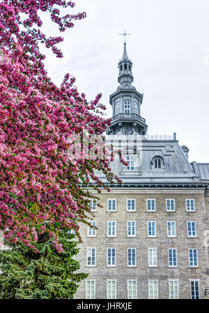 Quebec City, Canada - May 30, 2017: View of Seminary with cross and flag and peach blossom tree Stock Photo
