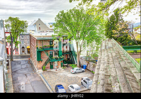 Quebec City, Canada - May 30, 2017: Aerial view of old town residential buildings and street from parc du Cavalier du Moulin Stock Photo