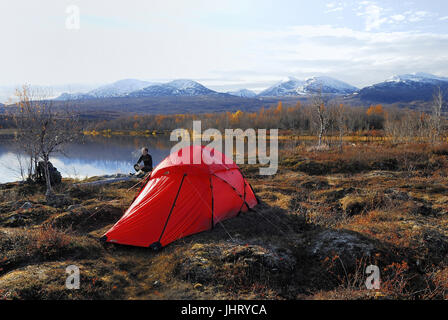 'Tent in a lake in the Abisko national park, Norrbotten, Lapland, Sweden, Scandinavia, Europe; September ', Zelt an einem See im Abisko Nationalpark,  Stock Photo