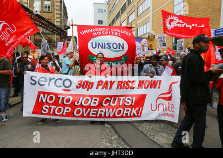 London, UK. 15th July, 2017. Since the 1st April, the cleaners, porters, caterers and security of four hospitals at St Barts Health NHS Trust (represented by Unite the Union) have been transferred over to the multinational Serco during the course of a £600m privatisation contract.  Penelope Barritt/Alamy Live News Stock Photo