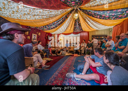 Discussion of Russia today by dissident Vladimir Ahurkov in the Dacha in teh Faraway Forest - The 2017 Latitude Festival, Henham Park. Suffolk 15 July 2017 Credit: Guy Bell/Alamy Live News Stock Photo