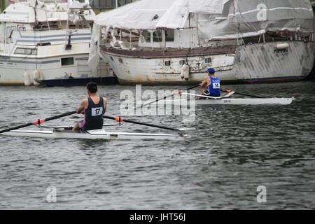 Twickenham Rowing Club (Winner) leads Sons of the Thames Rowing Club. Men's Masters C-D Single FINAL. 150th Molesey Amateur Regatta, 15th July 2017, River Thames, Hurst Park Riverside, East Molesey, near Hampton Court, Surrey, England, Great Britain, United Kingdom, UK, Europe. Annual amateur rowing competition and social event established in 1867. Credit:  Ian Bottle/Alamy Live News Stock Photo